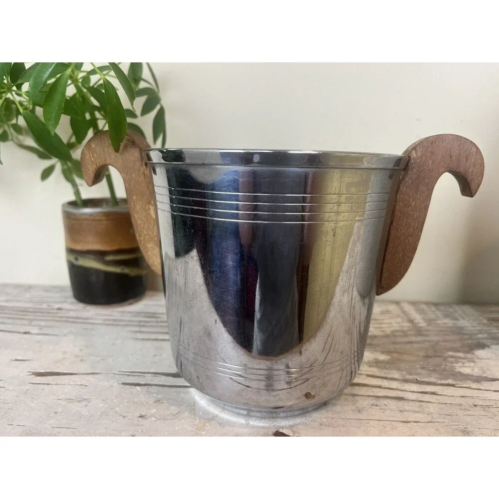 Vintage French Art Deco Metal & Wood Handled Small Ice Bucket 9” Ornate Decor